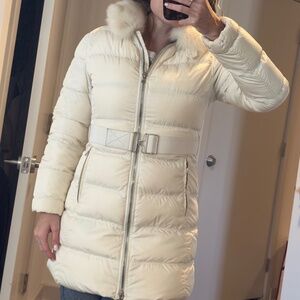 Vintage Prada White Parka with Belt, Fur Collar, & Removable Hood  Size: Xs/S